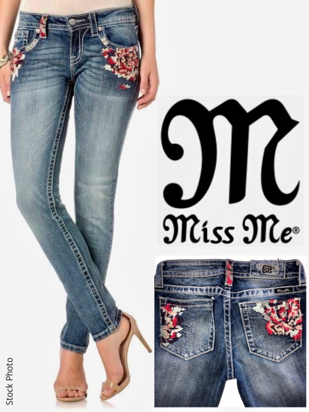 MISS ME Signature Skinny Embroidered Low-Rise Jeans JP7258S3 (W26 L30)